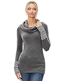 AmélieBoutik Damen Pullover Top mit Wasserfallkragen, lange Ärmel, gestreifte Manschetten, Dunkel_Grau, X-Groß