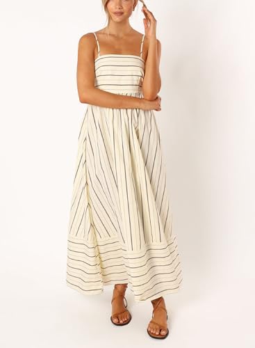 Image of Women Striped Maxi Dress Smocked Backless Spaghetti Strap Long Flowy Dress Sleeveless Boho Aline Sundress