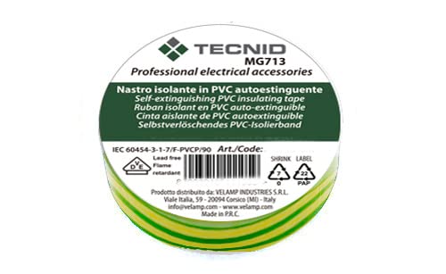 TECNID PVC Insulation Tape Thickness 0.13mm 19mm x 25m Yellow and Green, Yellow green, 0.13mm x 19mm x 25m