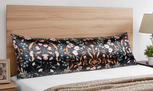 Image of Sweet Jojo Designs Black and Orange Satin Wildflower Floral for Hair Skin Body Pillow Cover Case Accent Decorative Couch Long Lumbar Throw Zipper 54x20 Bedroom Living Room Decor Dorm Soft Silky Shiny
