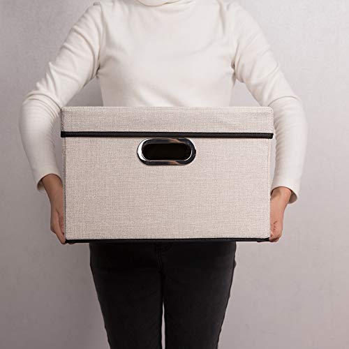 Image of PRANDOM Foldable Storage Bin with Lid [3-Pack] Linen Fabric Decorative Storage Box Organizer Container Basket Cube with Handles Divider for Closet Office Living Room Light Grey(14.9x9.8x9.8)