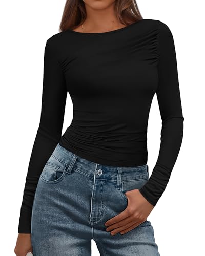 BTFBM Womens Tops Dressy Casual Workout Outfits Fall 2025 Long Sleeve Shirts Boat Neck Ruched Bodycon Going Out Top