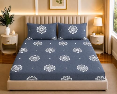 Image of Castiqa Elastic Fitted Supersoft Premium Polycotton 200TC King Size Bedsheets with 2 Pillow Covers | No Slip Bedsheet | (Gray SnFloral, King (72x78 Upto 10 inch Mattress))