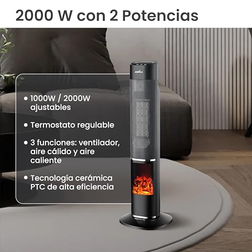 Calefactor Ceramico de Torre 2000W Oscilante con Mando a Distancia, Temporizador 24h, 2 Potencias, 3 Modos de Calor, Protección Antivuelco - Efecto Fuego - imagen 4