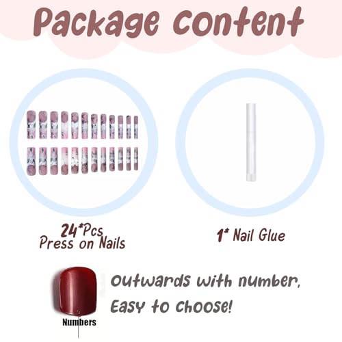 BABALAL Extra Long Square Press on Nails French Tip Fake Nails Pink Sliver Flower Glue on Nails 3d Bow Charm Design Acrylic Nails 24Pcs Bling Square Coquette Nails Press ons - Thumbnail 5