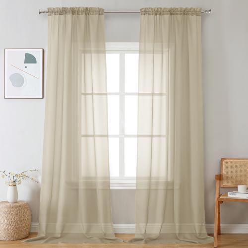 Image of OVZME Taupe Sheer Curtains 96 Inches Long 2 Panels - Soft Light Filtering Window Sheer Panels for Living Room /Bedroom, Top Dual Rod Pocket, 1 Pair, Each 42Wx96L Inches