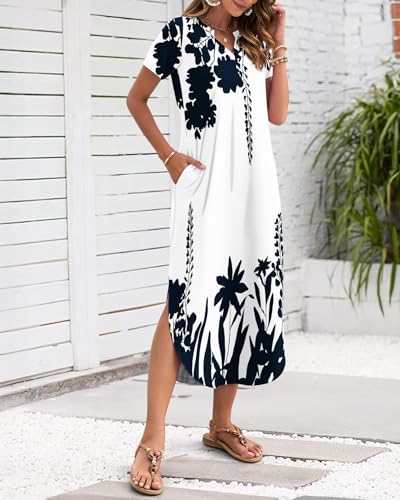Image of MISFAY Women's Summer Maxi Dress 2026 Casual Short Sleeves V Neck Loose Sundress Split Long Beach T Shirt Dress