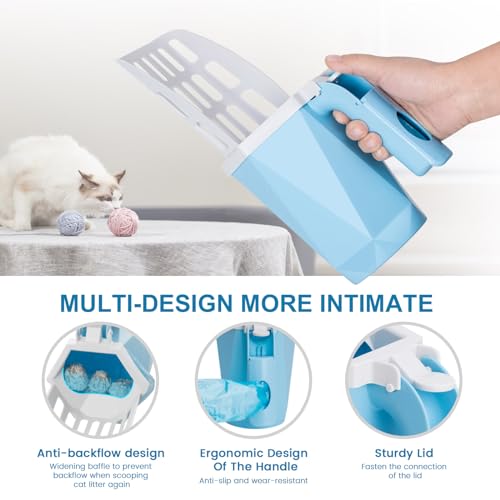 Image of Cat Litter Scooper with Holder Kitty Litter Scoop with Waste Can and 150 Refill Bags, Large Portable Cat Litter Shovel Easy to Clean Suitable for Kittens (Blue)