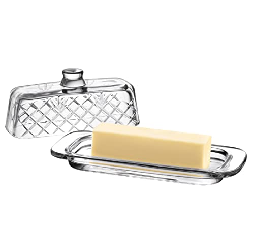 Royalty-Art-Glass-Butter-Dish-with-Lid-Single-Stick-Container-with-Handle-Cover-Rustic-Farmhouse-or-Vintage-Boho-Kitchen-Accessory-Clear