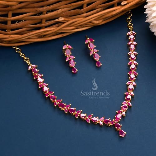 Image of Sasitrends Micro Gold Plated American Diamond Ruby stone Studded Necklace Jewellery Set