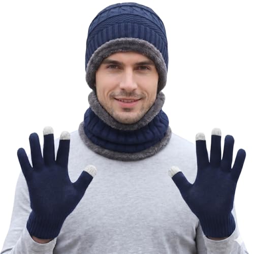 Image of Winter Knit Beanie, Hat, Neck Warmer Scarf and Woolen Gloves Set - Skull Cap for Men & Women (3 Piece)