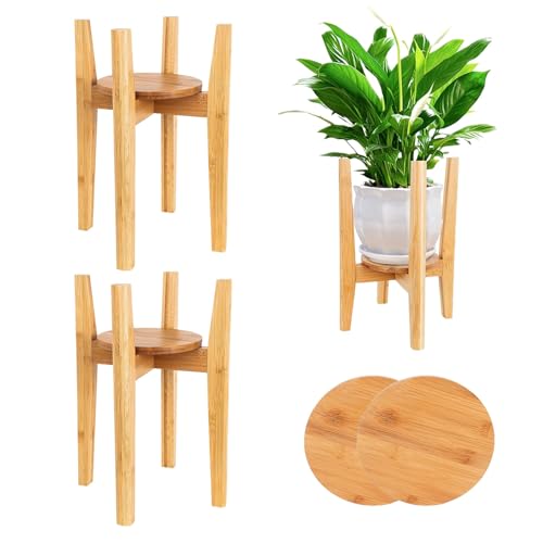 ZIOZERTT 2 Packs Adjustable Plant Stand with Tray,Indoor Wood Plant Stand Fit 8'' to 12'' Planter,Mid Century Modern Flower Pot Holder Rack(Plant and Pot Not Included) Natural