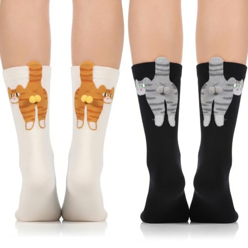 Aphumedc 2 Pairs Cute Cat Socks with Balls Novelty Funny Animal Crew Cats Sock Personalized Fun Hilarious Cotton Cat Socks for Women Men Cats Lovers Gift