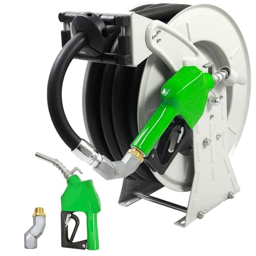 CLOUDPIVOT Fuel Hose Reel Ratchet Spring-Driven Retractable 3/4x50 Diesel Hose Reel W/Swivel AUTO Fuel Nozzle 300 PSI 1NPT Inlet 3/4Outlet Heavy Duty Steel Construction for Farm Ship Vehicle Tank