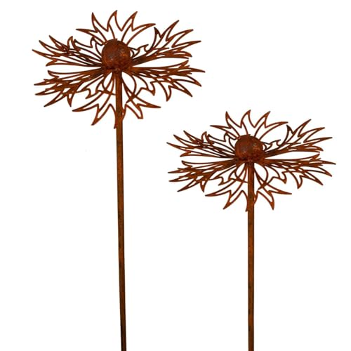 Gartendeko 2er Set Rost Deko für Garten Cortenstahl Gartenstecker Metall Blume Mohn Teleopea Rostige Gartendeko Rost Rankstab Beetstecker Topfstecker Naturrost (C)