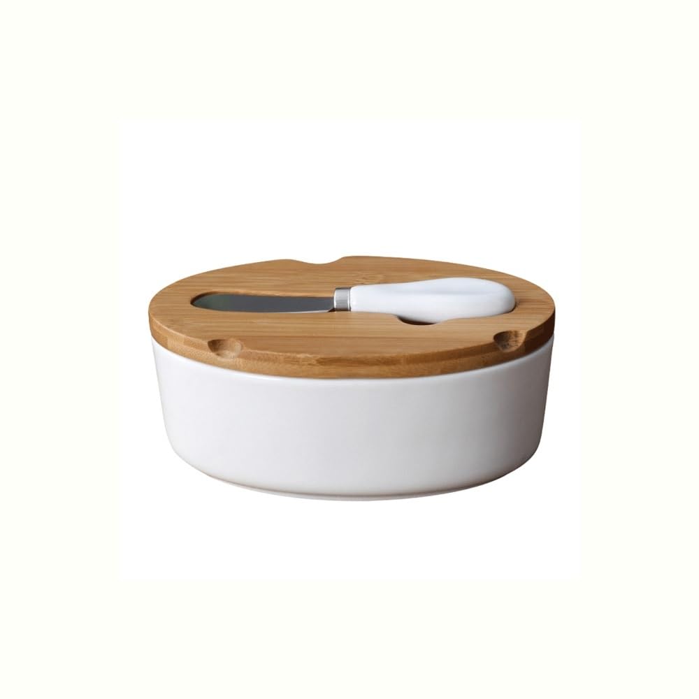 Zyyanshop One Color Butter Dish Butter Box Round Ceramic With Spoon For Home, Kitchen Utensils White