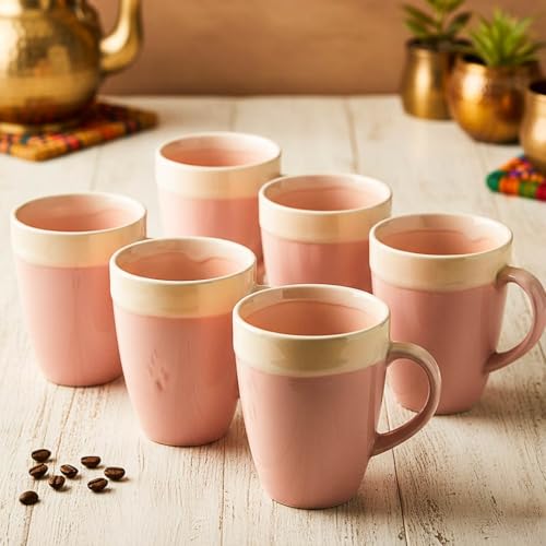 Image of The Earth Store Pink Beige Flow Coffee Mug - 340ML Ceramic Coffee Mugs Set of 6 | Microwave & Dishwasher Safe Mugs for Gift | Home | Office | Restaurant | Daily Use Tea Mug