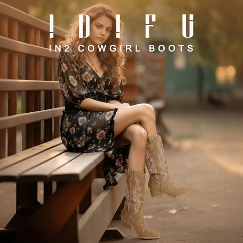 Idifu Tan Cowboy Boots For Women Cowgirl Boots Western Boots Mid Calf Chunky Low Heel Pointed Toe Embroidered Country Boots Cute Fashion Booties For Women Dress Wedding Heeled Boots thumb #1