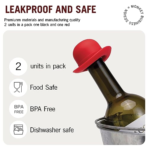 Image of Monkey Business Silicone Wine Stopper | Seals Bottle and Keeps Wine Fresh /Cute Wine Accessories /Kitchen Gadgets /Bowler Hat Bottle Stopper (Set of 2)