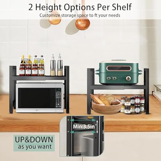 Adjustable Microwave Oven Rack, Microwave Stand Shelf Heavy Duty 2-Tier Shelf with Cutting Boards Stand Knife Rack and Chopstick Holder for Kitchen Shelves Counter Top Organizer, Holds 55lbs,6 Hooks