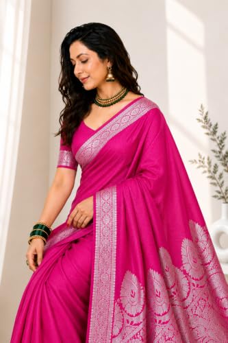 Image of Women's Glory Banarasi Satin Kanjivaram Saree Silver Zari Border Pure Soft Blend Silk Sari Kanchipuram Paithani Silk Party Wedding Festive New Ladies Sadi with Unstiched Blouse Piece.