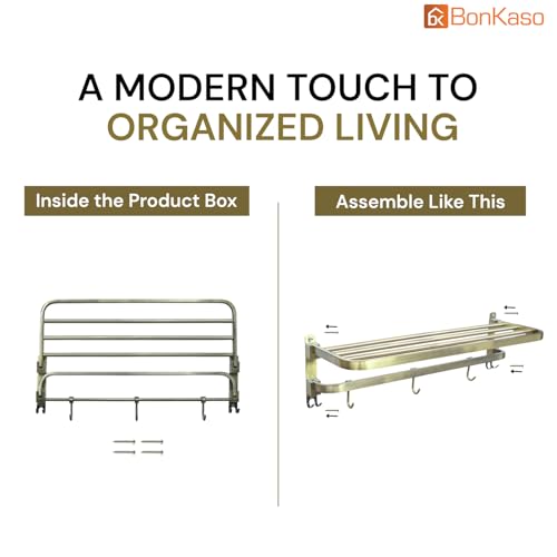 Image of BonKaso 24-Inch 304 Stainless Steel Rectangular Towel Rack | Wall-Mounted Rustproof Towel Holder Rod Bar for Bathroom Towels | Space-Saving Design with Antique Finish