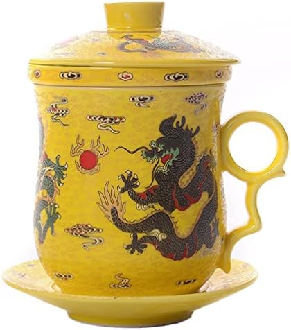 BandTie Convenient Travel Office Loose Leaf Tea Brewing System-Chinese Jingdezhen Blue and White Porcelain Tea Cup Infuser 4-Piece Set with Tea Cup Lid and Saucer,Yellow Dragon