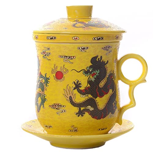 Bandtie Convenient Travel Office Loose Leaf Tea Brewing System-Chinese Jingdezhen Blue And White Porcelain Tea Cup Infuser 4-Piece Set With Tea Cup Lid And Saucer,Yellow Dragon #TOP2
