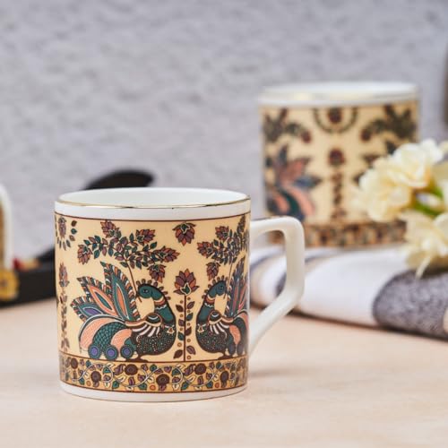 Image of GOLDEN QUEEN'S Handcrafted Tea Cups - Set of 6 | Ideal for Everyday Tea and Coffee, Enhancing Your Daily Rituals (Handpainted Peacock)
