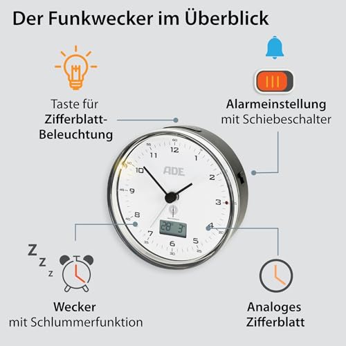 Analoger Funkwecker ADE ohne Ticken mit automatischer Zeiteinstellung