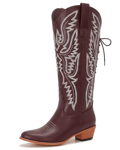 Image of Uillnoodu Wide Calf Cowboy Boots Women Adjustable Lace Up Knee High Tall Plus Size Cowgirl Boots Western Style Comfortable 2-Inch Heel