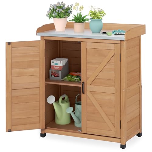 Outdoor Storage Cabinet & Potting Bench Table with Metal Top (Light Brwon, 39x31.5x17in)