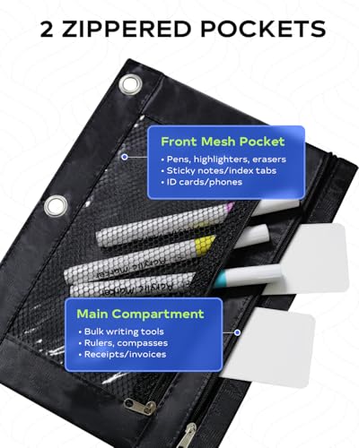 Image of 3 Ring Pencil Pouch for Binder, 2-Pocket Zipper Pencil Case with Clear Window & Mesh Pocket, Heavy Duty 600D Oxford Fabric Binder Pouch for School Office Supplies (Jet Black)