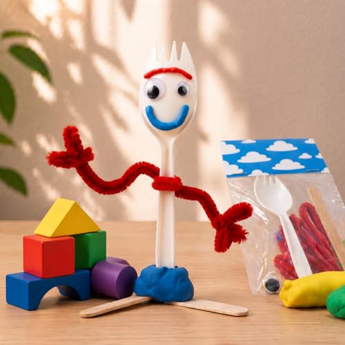 Foilswirl 50 Sets Fork Kit DIY Disposable Creativity Includes Sporks Red Pipe Cleaners Self Adhesive Wiggle Googly Sticks Card Bags Make Your Own Craft for Party Projects