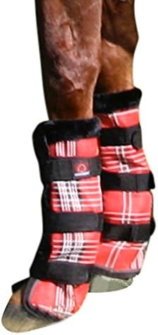 Kensington Horse Fly Boots with Comfortable Fleece Trim — Stay-Up Technology with Hook and Loop Straps — Protection from Insect Bites and UV Rays — Sold in Pairs of 2 (Deluxe Red Plaid)