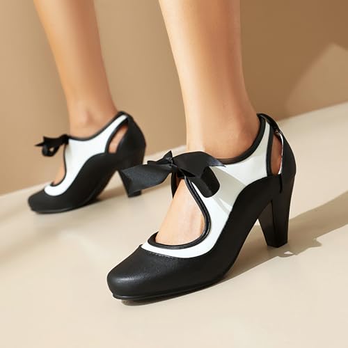 Elerhythm Women's Mary Jane Two Tone Lace Up Closed Round Toe Vintage Heels 1950s Pumps 1920s Victorian Retro Shoes3
