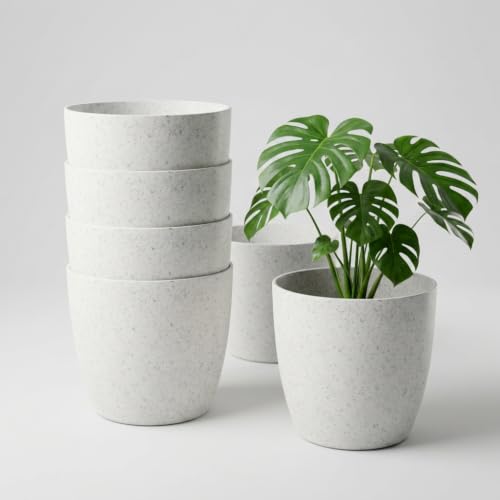Image of YUCCABE ITALIA SHERA Stella 10 Inch Plastic Plant Pot for Home Decor Indoor Plant Pots for Living Room Plastic Flower Pot for Garden (Stone White, 10 INCH - 6 Pcs)