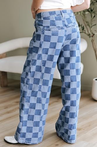 ebossy Women's Trendy Plaid Wide Leg Denim Pants High Waist Baggy Loose Checkerboard Patern Long Jeans2
