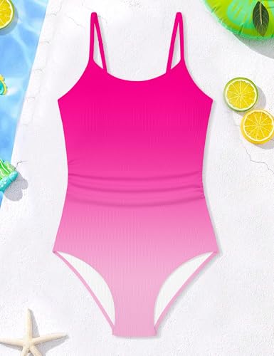 Image of AGAPENG Girls Swimsuit One Piece Ruched Solid Color Bathing Suit for Girls Ribbed Adjustable Straps Pad Swimwear 9-16Y
