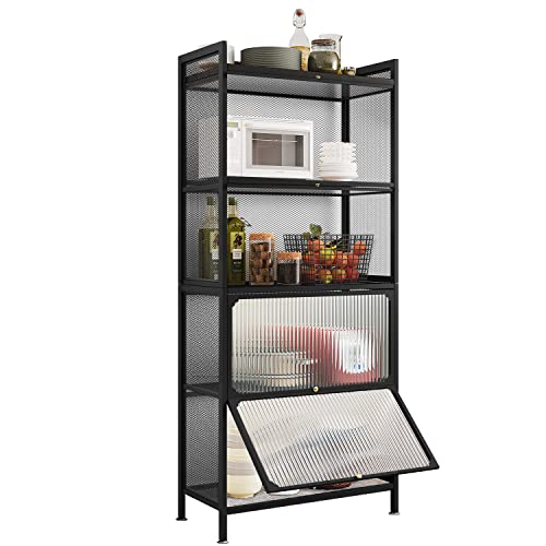 NETEL Estantería de Almacenamiento de 4 Niveles,Estante de Cocina,Estante de Microondas,Muebles Cocina,Organizador de Cocina para Vino,Platos,Pllas con Puerta de Cubierta Visible,Negro...