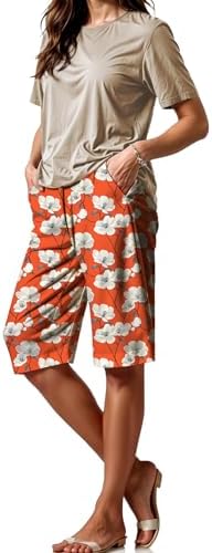 Zhyaj Summer Wide Leg Floral Print Shorts for Women Casual Loose Fit Knee Length Pants with Pockets Lightweight Breathable Relaxed Elastic Waist Comfortable Lounge Beach Attire