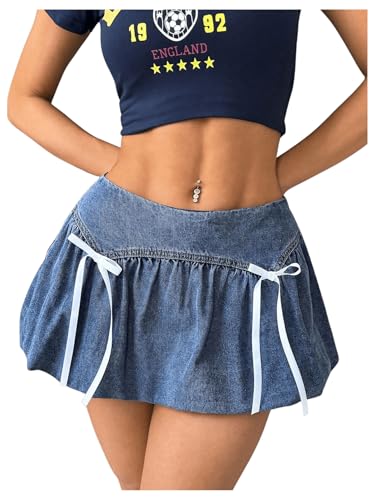 Milumia Women's Denim Bowknot Decor Mini Skirts Ruched Hem Bubble Skirts