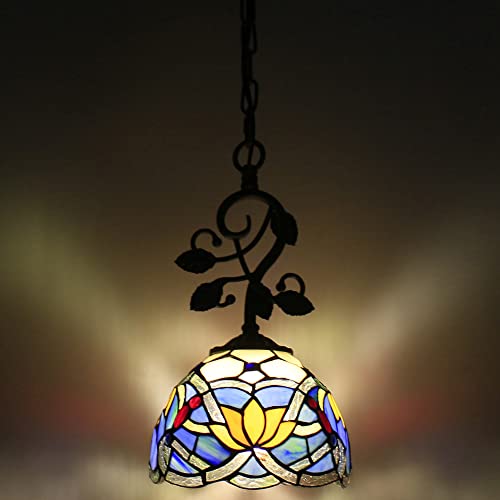Rhlamps Tiffany Plug-In Pendant Lighting, 8" Blue Stained Glass Lotus Style Hanging Lamp, Farmhouse Rustic Bronze Thin Metal Leaf Chandelier, Luxury Ceiling Light Fixture For Kitchen Dining Room #TOP4