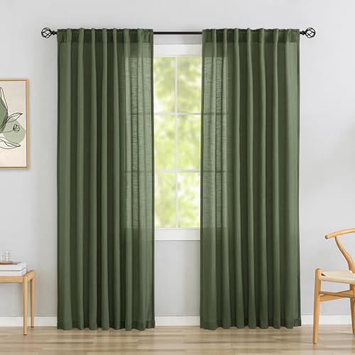 Olive Green Linen Back Tab Curtains 90 Inches Long 2