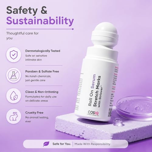Image of CosIQ Roll On Serum for Stretch Marks with Striover | Reduces Appearance of Stretch Marks, Scars & Uneven Skin | Roll-On Applicator for Stomach, Thighs & Hips | All Skin Types | 40ml, Pack of 2