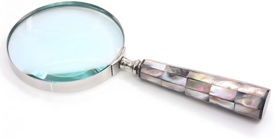 Vintage Magnifying Glass with 10x Lens Mother of Pearl Handle Brass Frame Handheld Antique Style Magnifier for Reading Crafts Jewelry Decorative Desk Display or Elegant Gift Idea
