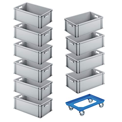 SPAR-SET 10x Eurobehälter GRATIS Transportroller 600x400x220 mm (60 x 40 x 22 cm) mit 44,2 Liter Volumen | Stapelbehälter aus Kunststoff | Industriequalität | Made in Germany. Farbe Grau Cover