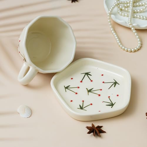 Image of Handcrafted Ceramic Tea Cup with Saucer | Floral Printed Coffee Mug with Plate | Premium Pottery Cup Set for Tea & Hot Beverages | Ideal Gift for Tea Lovers & Home Use