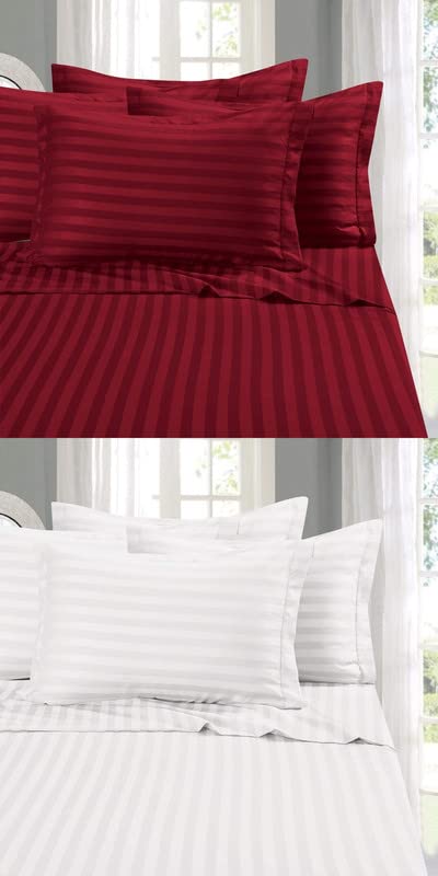 Image of 210 TC 100% Cotton Pillow Covers Set of 4 | Ultra Soft Satin Striped Pillow Case | 18 x 27 Inches, Maroon & White