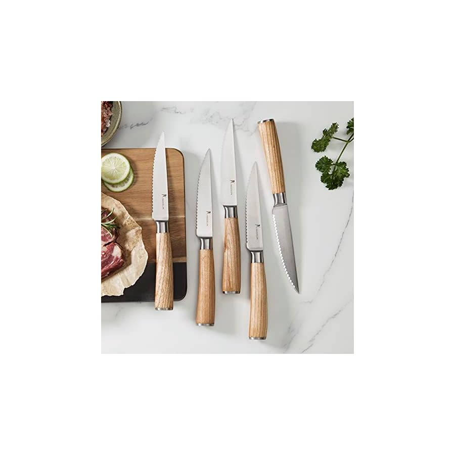 Natura Series 4.5” Serrated Steak Knife Set of 8, High Carbon Stainless Steel, Wooden Handle